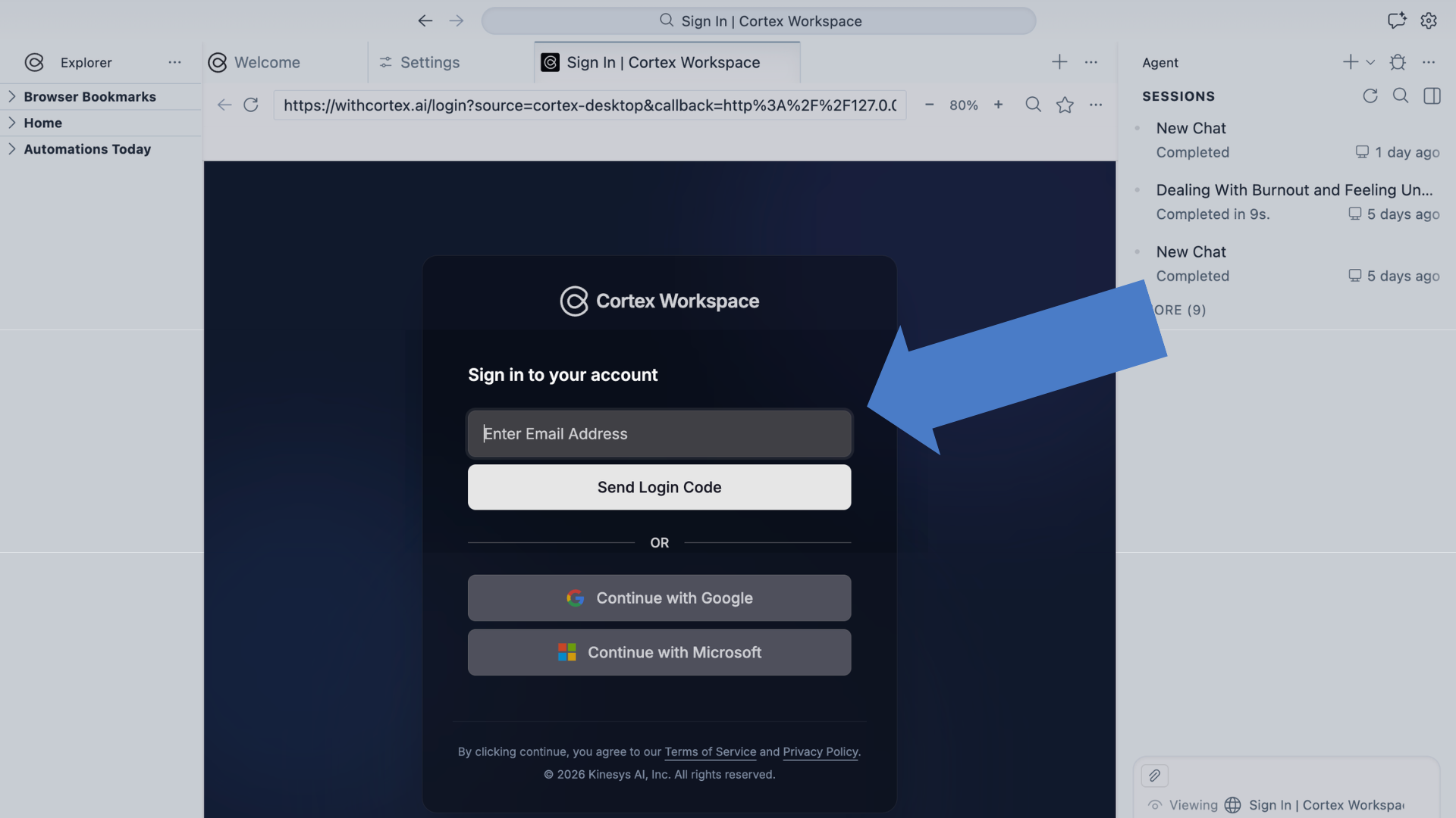 Sign in with your email on the Cortex Workspace login page