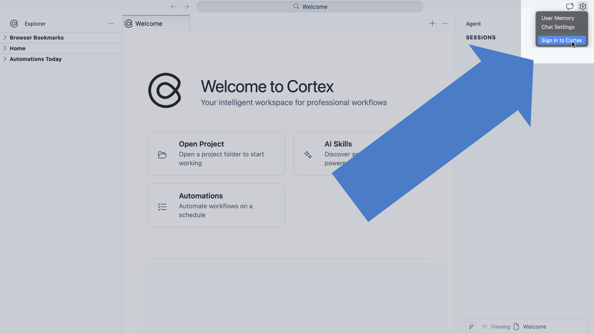 Sign in via Settings → Sign in to Cortex in the top-right menu